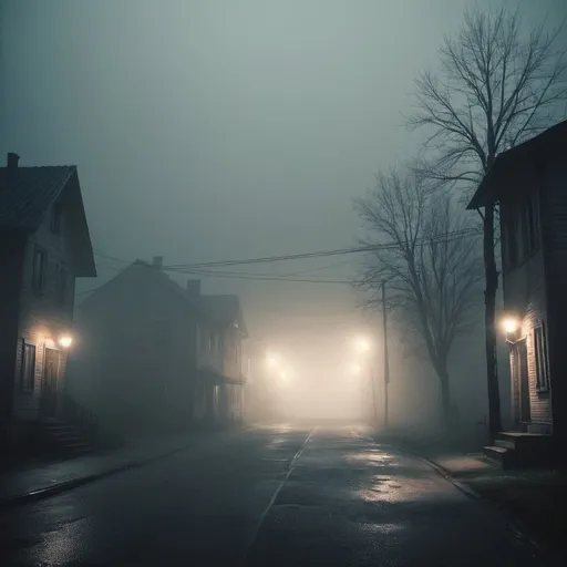 Prompt: Silent Hill. A town in the fog. Houses in the fog. Scary ambiance. Dramatic and cinematographic light. Grain effect on image. Realistic photo.