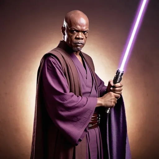 Prompt: Mace Windu standing with his purple lightsaber in his hand pointing down. In the republic. Grain effect on image. Realistic photo.
