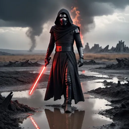 Prompt: Kylo Ren in a destroyed burning landscape. Holding his red lightsaber in hand, pointing down. Standing menacingly. Grey weather with clouds. Puddles of mud and water on the floor. Grain effect on image. Realistic photo.