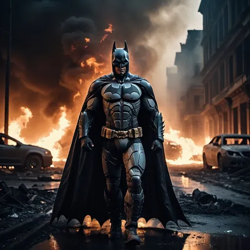 Prompt: Batman in his Dark Knight franchise outfit walking through flames. By night. In a destroyed burning city. Burning cars. Rainy weather. Dramatic and cinematographic light. Grain effect on image. Realistic photo.