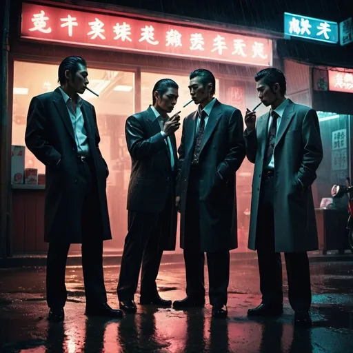 Prompt: Four yakuza members smoking cigarettes in front of a store. By night. Neon lights. Puddles of water on the floor. Grain effect on image. Realistic photo.