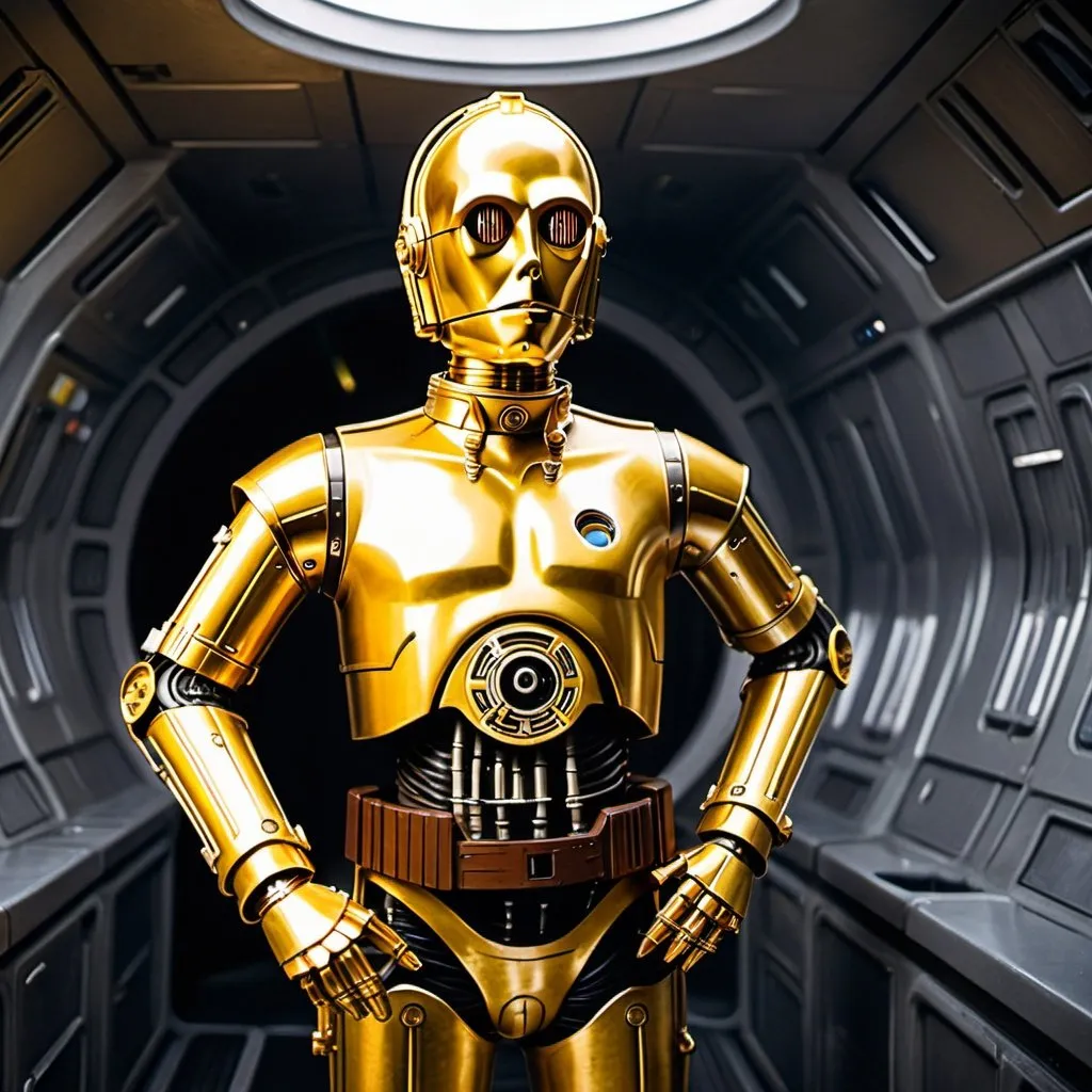 Prompt: C3PO from Star Wars standing in the Millenium Falcon. Grain effect on image. Realistic photo.