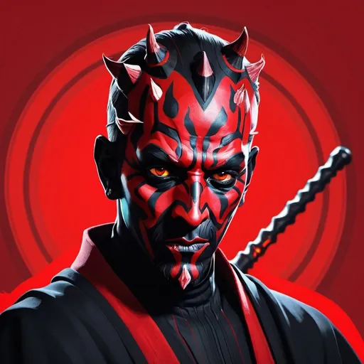 Prompt: Darth Maul in the style of an artwork from Persona 5 Royal. Red background. Vivid colors.