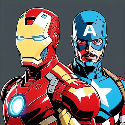 Prompt: Iron Man and Captain America in the style of a Persona 5 Royal artwork. Vivid colors.