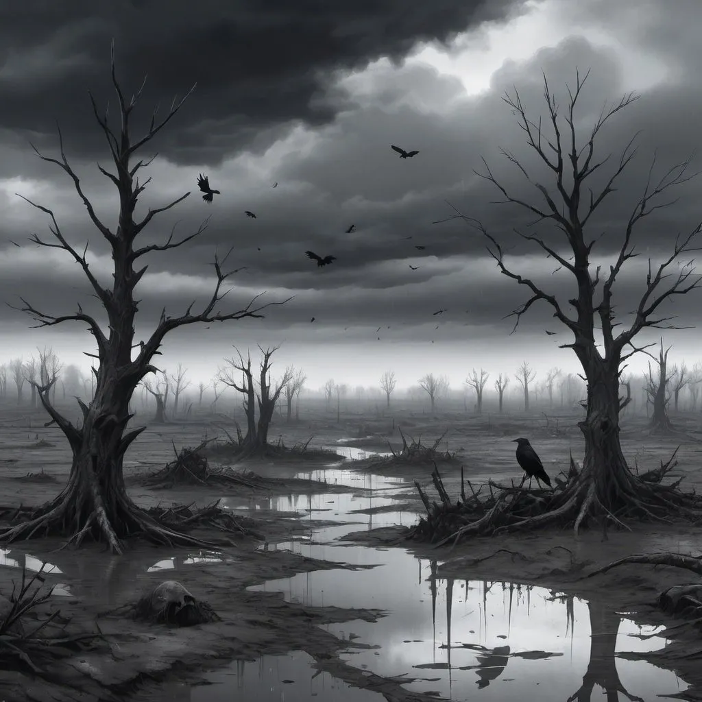 Prompt: Guts from Berserk alone in a dark post apocalyptic landscape with some crows and some dead trees. Grey and rainy weather with clouds. Puddles of water on the floor. Grain effect on image. Realistic drawing.