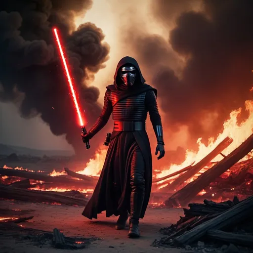 Prompt: Kylo Ren walking menacingly through flames with his red lightsaber in hand pointing down. In a burning destroyed landscape. By night. Grain effect on image. Realistic photo.