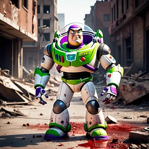 Prompt: Buzz lightyear with a broken armor covered in blood and dust. A knee on the floor. Looking angry. In a destroyed post apocalyptic city. Grain effect on image. Realistic photo.