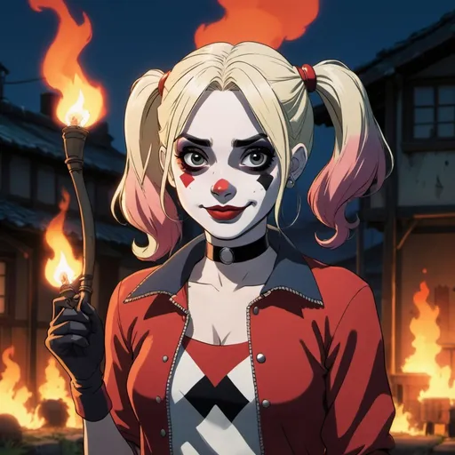 Prompt: Harley Quinn as a character in a Studio Ghibli anime. Burning village. Dramatic and cinematographic light.