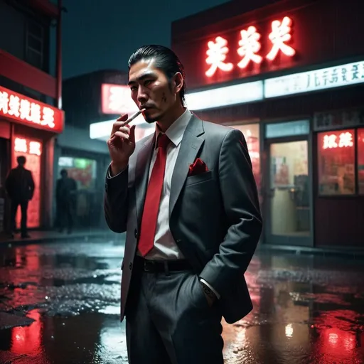 Prompt: A yakuza in a grey suit with red shirt smoking a cigarette in front of a store. By night. Neon lights. Puddles of water on the floor. Grain effect on image. Realistic photo.