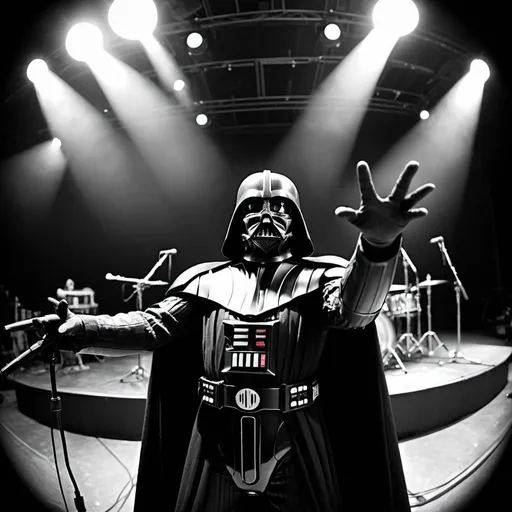 Prompt: Darth vader as a metal singer on stage during a concert singing in a microphone. Black and white. View from a fisheye camera.