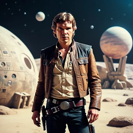 Prompt: Han Solo standing in planet corellia. Grain effect on image. Realistic photo.