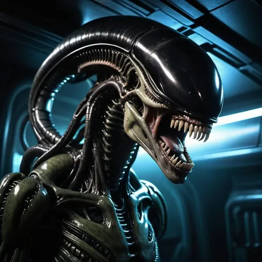 Prompt: Ultra realistic xenomorph from the Alien franchise with slobbery mouth. In a dark Space ship room. Neon light from the ceiling. Smoke in the air. Grain effect on image. Realistic photo.
