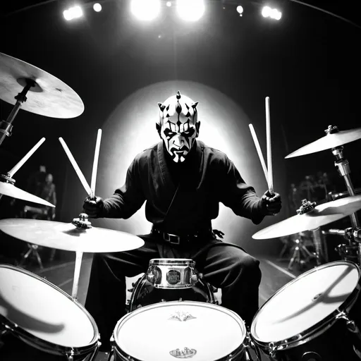 Prompt: Darth maul as a metal drummer on stage during a concert. Black and white. View from a fisheye camera.