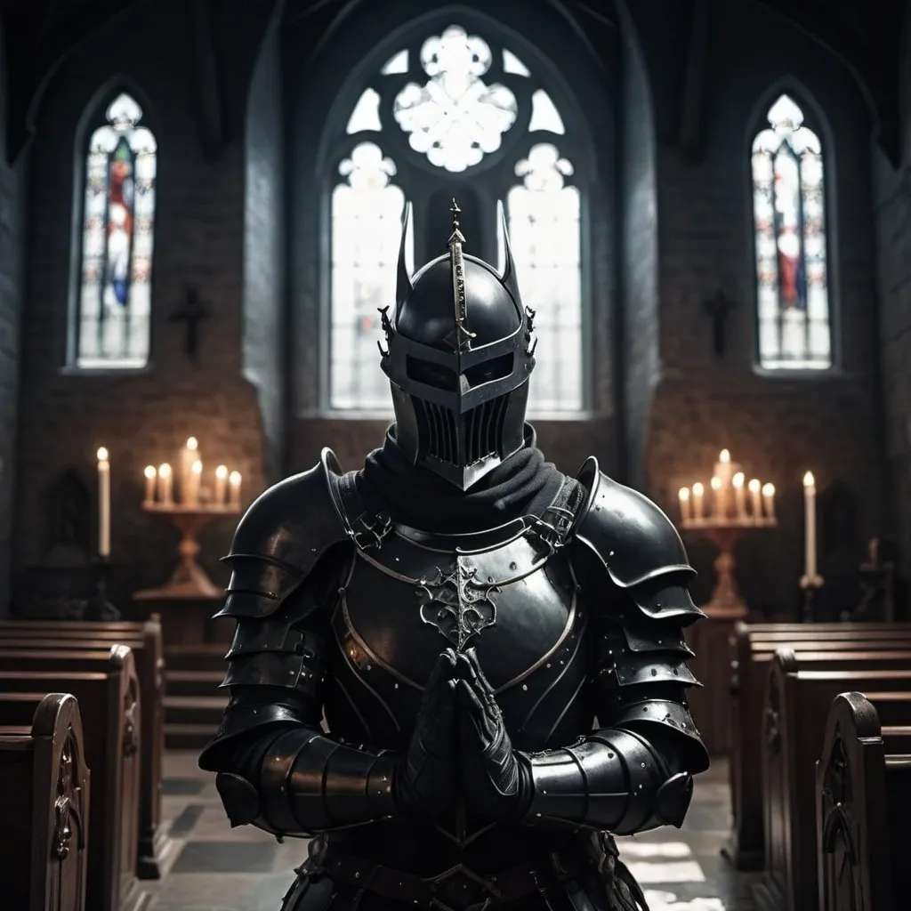 Prompt: A dark fantasy knight in a dark armor praying in a dark fantasy church. Realistic photo.