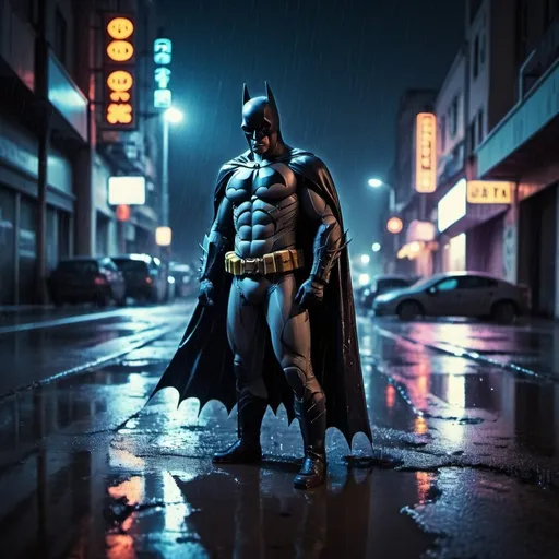 Prompt: Batman in a city by night. Neon lights. Rainy weather. Puddles of water on the floor. Grain effect on image. Realistic photo.