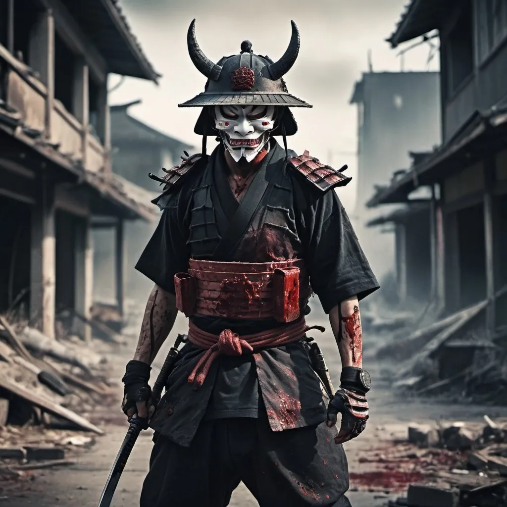 Prompt: A dark fantasy samurai wearing hannya mask on mouth and a traditionnal hat. Looking down. Holding a katana in one hand and a gun in the other. Broken armor covered in blood and dust. In the middle of a post apocalyptic destroyed city. Full shot. Grain effect on image. Realistic photo.