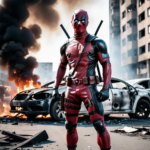 Prompt: Deadpool standing menacingly. Damaged outfit. In a destroyed burning city. Burning cars. Dramatic and cinematographic light. Super Panavision 70 effect on image. Realistic photo.