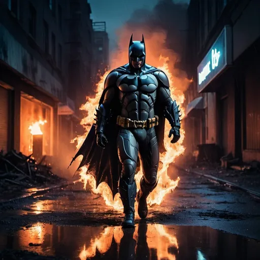 Prompt: Batman with his suit from the dark knight franchise walking through the fire and flames by night. Neon lights. In the streets of a deserted post apocalyptic city. Rainy weather with puddles of water on the floor. Grain effect on image. Realistic photo.