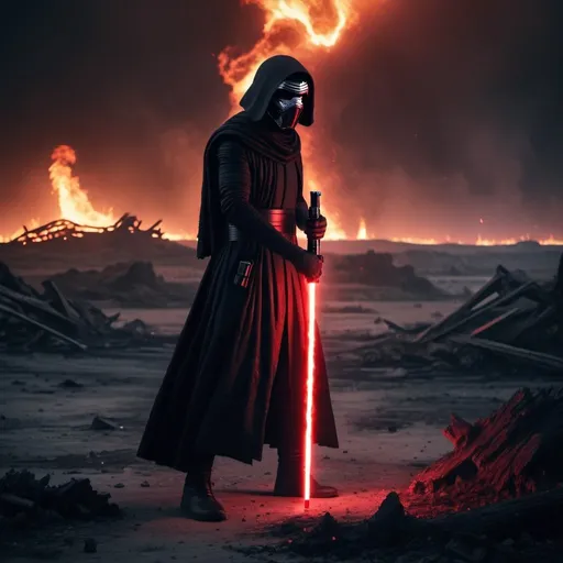 Prompt: Ultra realistic Kylo Ren standing menacingly with his instable red lightsaber in hand pointing down. In a destroyed burning landscape. By night. Grain effect on image. Realistic photo 