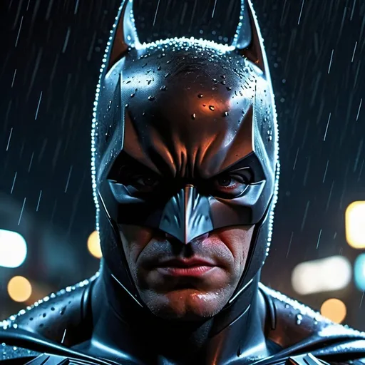 Prompt: Ultra realistic and detailed close up of batman's face under the rain by night. Neon lights. Grain effect on image. Realistic photo.