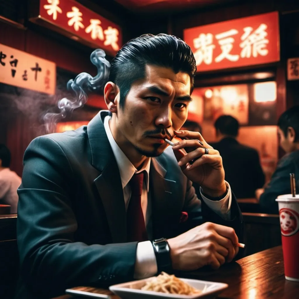 Prompt: A yakuza sitting in a crowded ramen restaurant and smoking a cigarette. A gun on the counter. By night. Neon lights. Few smoke in the air. Grain effect on image. Realistic photo.