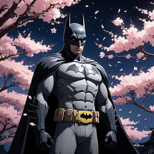 Prompt: Batman as a character in a Studio Ghibli anime. Cherry blossom flowers flotting in the air. By night. Dramatic and cinematographic light.