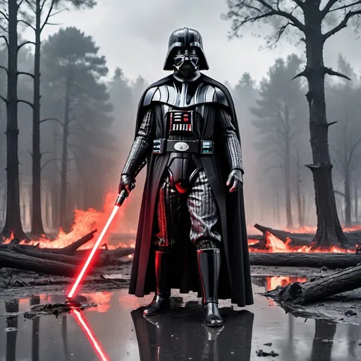Prompt: Darth vader standing menacingly and holding his red lightsaber in his hand, pointing down. Behind him there's a destroyed landscape with burning trees. Grey weather with clouds. Puddles of water on the floor. Grain effect on image. Realistic photo.