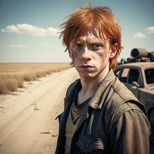 Prompt: Ron Weasley in the style of Mad Max. Scary. In a deserted and dangerous wasteland. Sunny and very hot weather. Grain effect on image. Realistic photo.