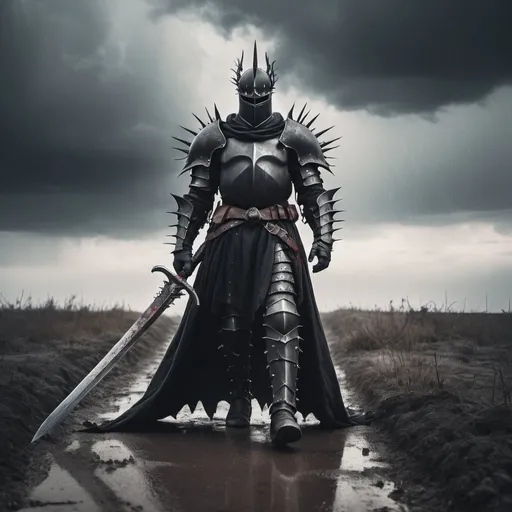 Prompt: A dark fantasy knight wearing a dark armor and a thorns crown holding a giant sword in the hand. Blood on the Sword and the armor. Dead enemies on the floor. Walking on a dusty path. Clouds, grey weather. Realistic photo. Grain film effect.