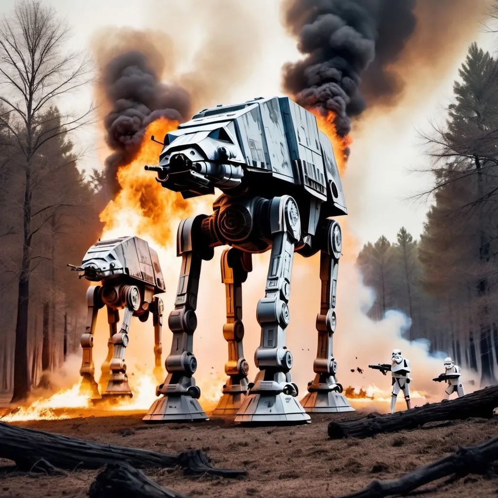 Prompt: A huge Star Wars battle between stormtroopers and rebels with AT-AT on the battlefield. Burning trees. Destroyed landscape. Grain effect on image. Realistic photo.