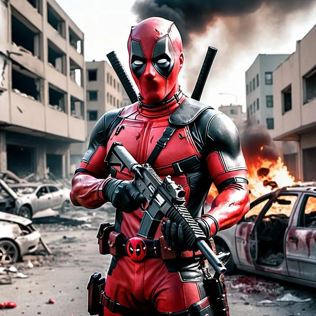 Prompt: Deadpool holding a desert Eagle gun in his hand. Fully covered in blood. Dead enemies all around him. Burning cars behind him. In a destroyed city. Grain effect on image. Realistic photo.