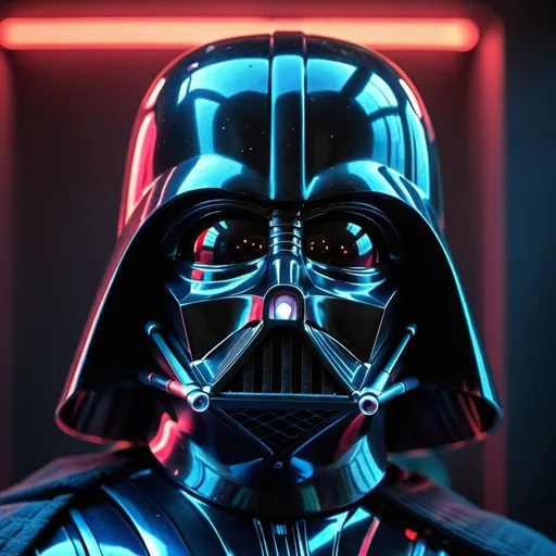Prompt: Ultra realistic close up of Darth vader. Neon lights. In the death star. Grain effect on image. Realistic photo.