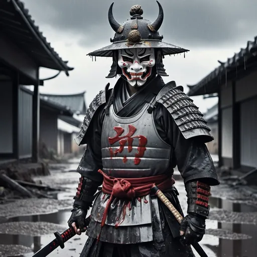 Prompt: A dark fantasy crossover between a knight and a samurai. Wearing hannya mask on mouth and japanese tradionnal hat. Holding a katana. Broken armor covered in blood and dust. Puddles of mud and water on the floor. In a post apocalyptic destroyed city. Grey and rainy weather with clouds. Grain effect on image. Realistic photo.
