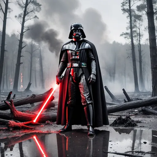Prompt: Darth vader standing menacingly and holding his red lightsaber in his hand, pointing down. Behind him there's a crashed burning space ship. Destroyed landscape with burning trees. Grey weather with clouds. Puddles of water on the floor. Grain effect on image. Realistic photo.