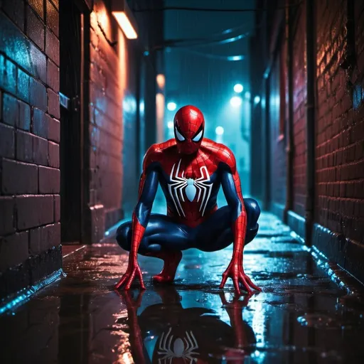 Prompt: Evil version of spiderman in a dark alley. Neon lights. Rainy weather with puddles of water on the floor. By night. Realistic photo.