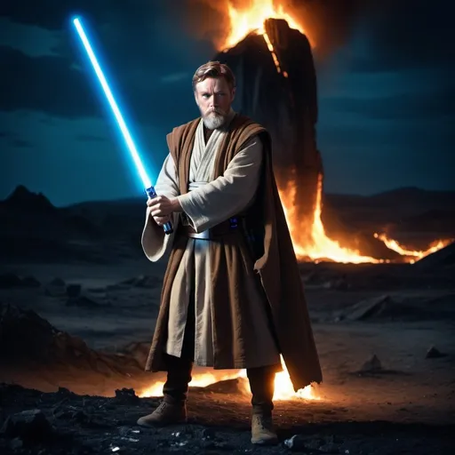 Prompt: Obi-Wan Kenobi standing menacingly with his blue lightsaber in hand pointing down. By night. In a burning destroyed landscape. Grain effect on image. Realistic photo.