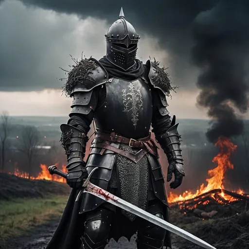 Prompt: A dark fantasy knight in a dark armor. Brambles crown on his helmet. Holding a giant sword in his hand. Blood on the sword and the Armor. Burning village behind him. Grey and rainy weather with clouds. Realistic photo.