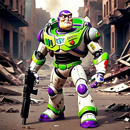 Prompt: Buzz lightyear with a broken armor covered in blood and dust. Holding guns in his hands. A knee on the floor. Looking angry. In a destroyed post apocalyptic city. Grain effect on image. Realistic photo.