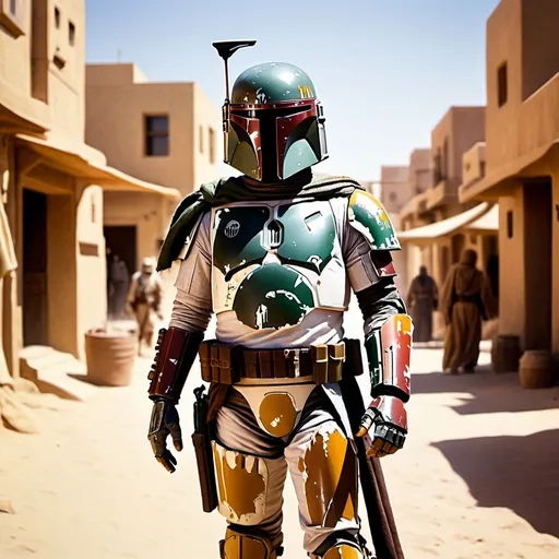 Prompt: Boba Fett in the streets of Tatooine. Standing menacingly. Sunny weather. Grain effect on image. Realistic photo.