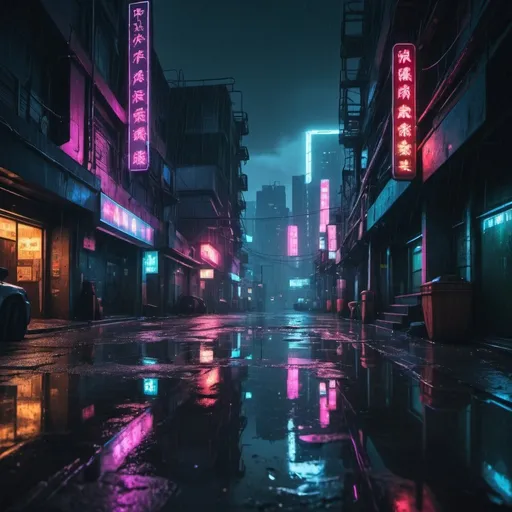 Prompt: A dark cyberpunk city with huge buildings. Dirty streets. Neon lights everywhere. Rainy weather. By night. Puddles of water on the floor. Grain effect on image. Realistic photo.