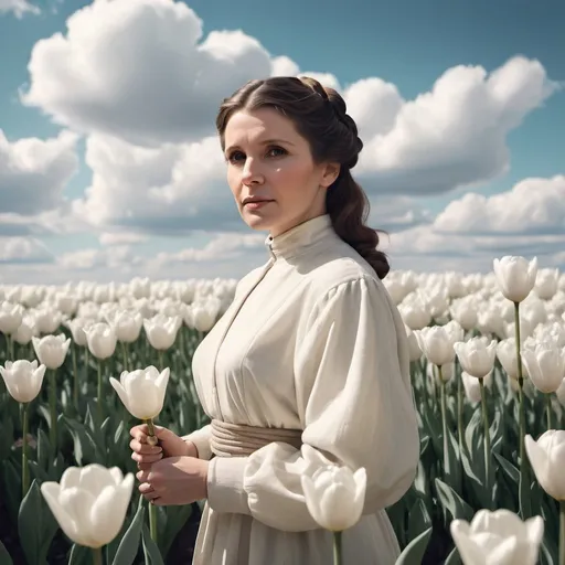 Prompt: Leia Organa standing in a field of white tulipes. Sunny weather with clouds. Grain effect on image. Realistic photo.