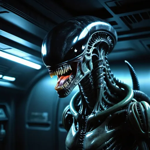 Prompt: Ultra realistic xenomorph from the Alien franchise with slobbery mouth. In a dark Space ship room. Neon light from the ceiling. Smoke in the air. Grain effect on image. Realistic photo.
