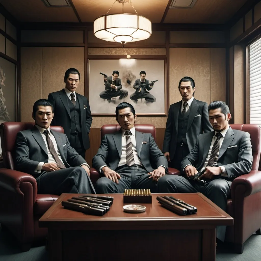 Prompt: A yakuza office with four yakuza membres in suits sitting on comfy chairs and smoking. A table with four guns and ammo in front of thème. Grain effect on image. Realistic photo.