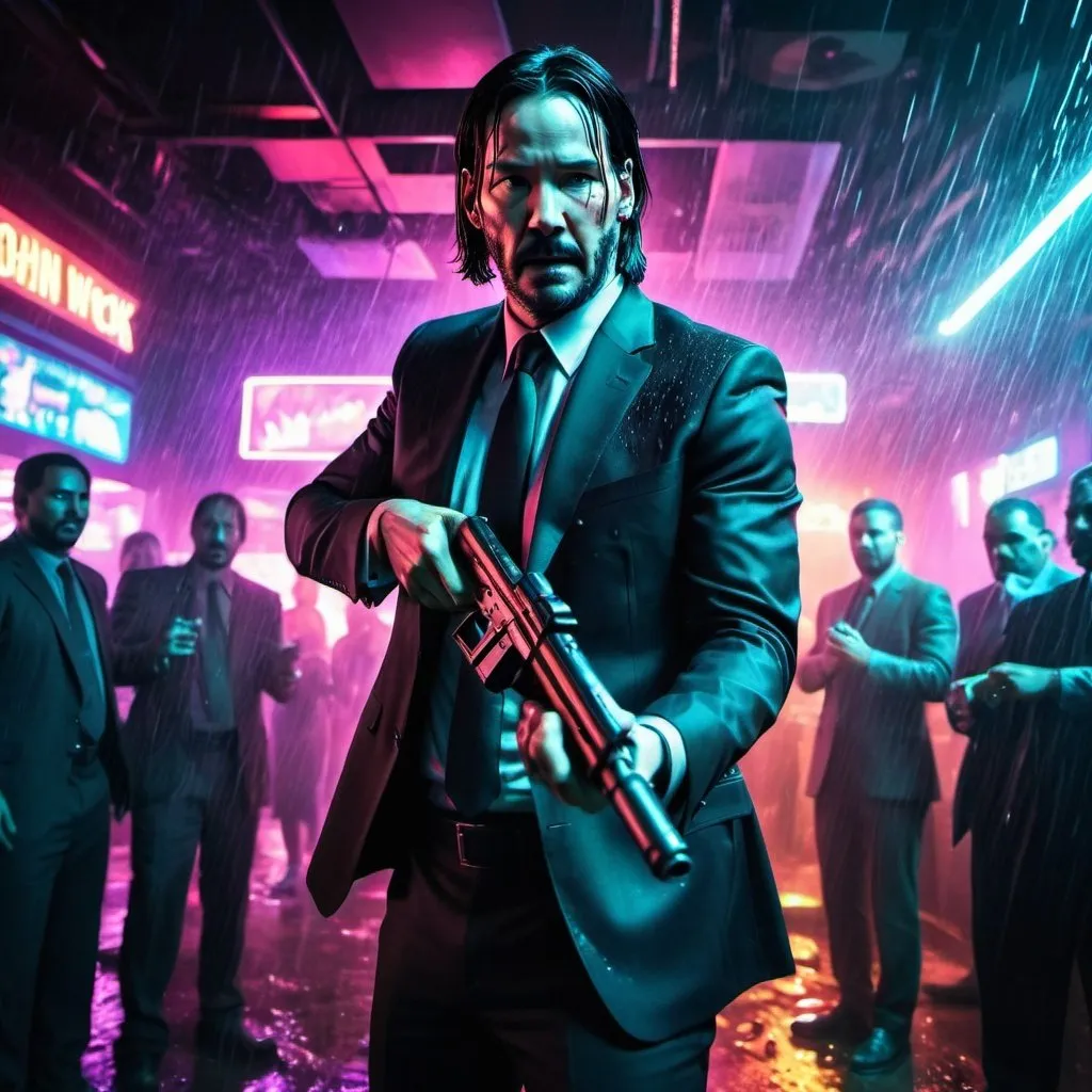 Prompt: Keanu Reeves as John Wick with a gun. Covered in water. In a crowded nightclub. Neon lights everywhere. Grain effect on image. Realistic photo.