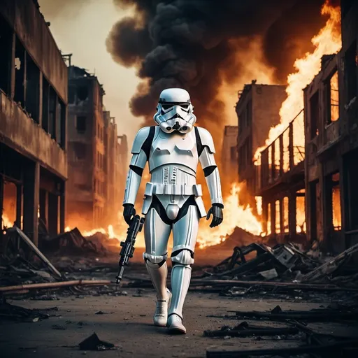 Prompt: A stormtrooper walking through the flames. Behind him a destroyed post apocalyptic city. By night. Grain effect on image. Realistic photo.