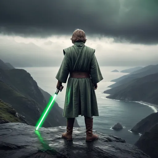 Prompt: Luke Skywalker with his green lightsaber in hand pointing down in mountains above the sea. Standing and viewed from the back. Grey weather with clouds. Grain effect on image. Realistic photo.