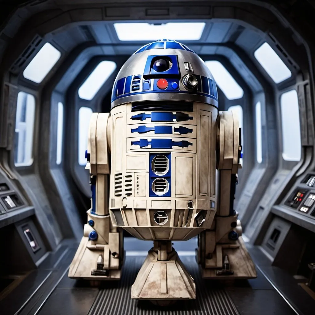 Prompt: R2D2 from Star Wars standing in the Millenium Falcon. Grain effect on image. Realistic photo.