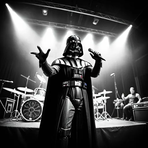 Prompt: Darth vader as a metal singer on stage during a concert singing in a microphone. Black and white. View from a fisheye camera.