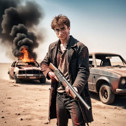 Prompt: Mad Harry Potter with a shotgun. Covered in blood. Mad Max style. In a deserted wasteland. Very hot weather. Burning car behind him. Grain effect on image. Realistic photo.