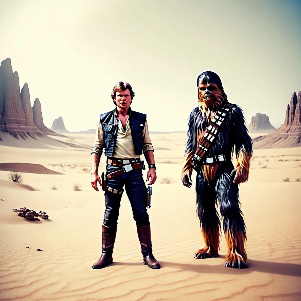 Han Solo and Chewbacca standing in a desertic planet...